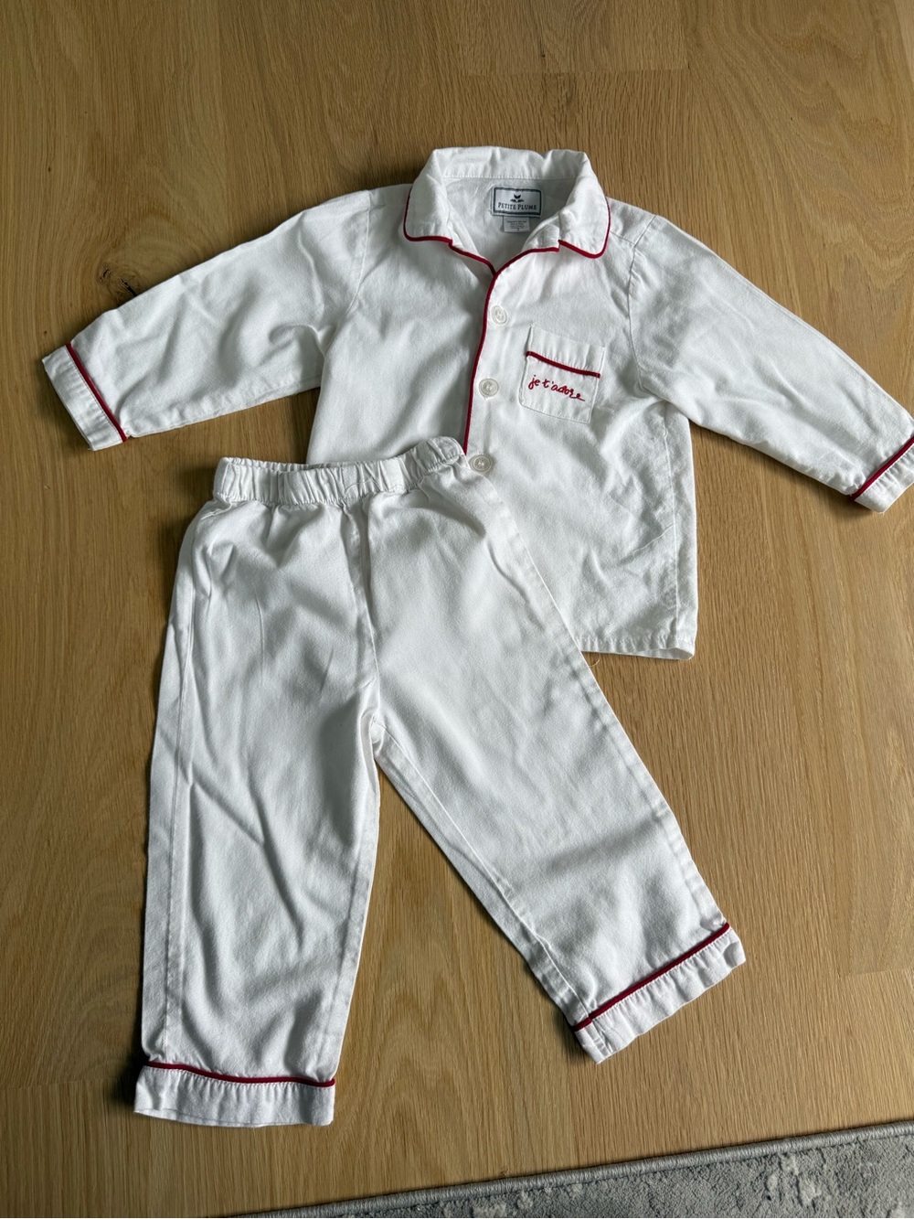 White Kids Pajama Set with Red Piping